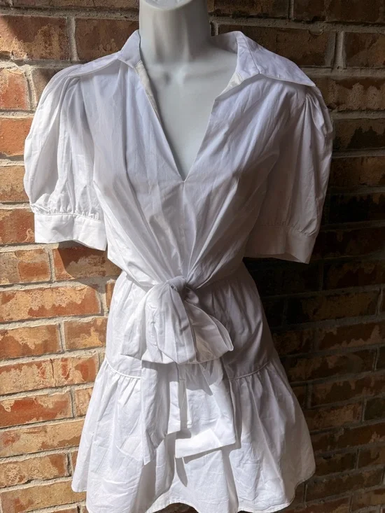 TCEC Poplin Collared Short Sleeve Tiered Mini Dress with Puff Sleeves size Large - Picture 5 of 8